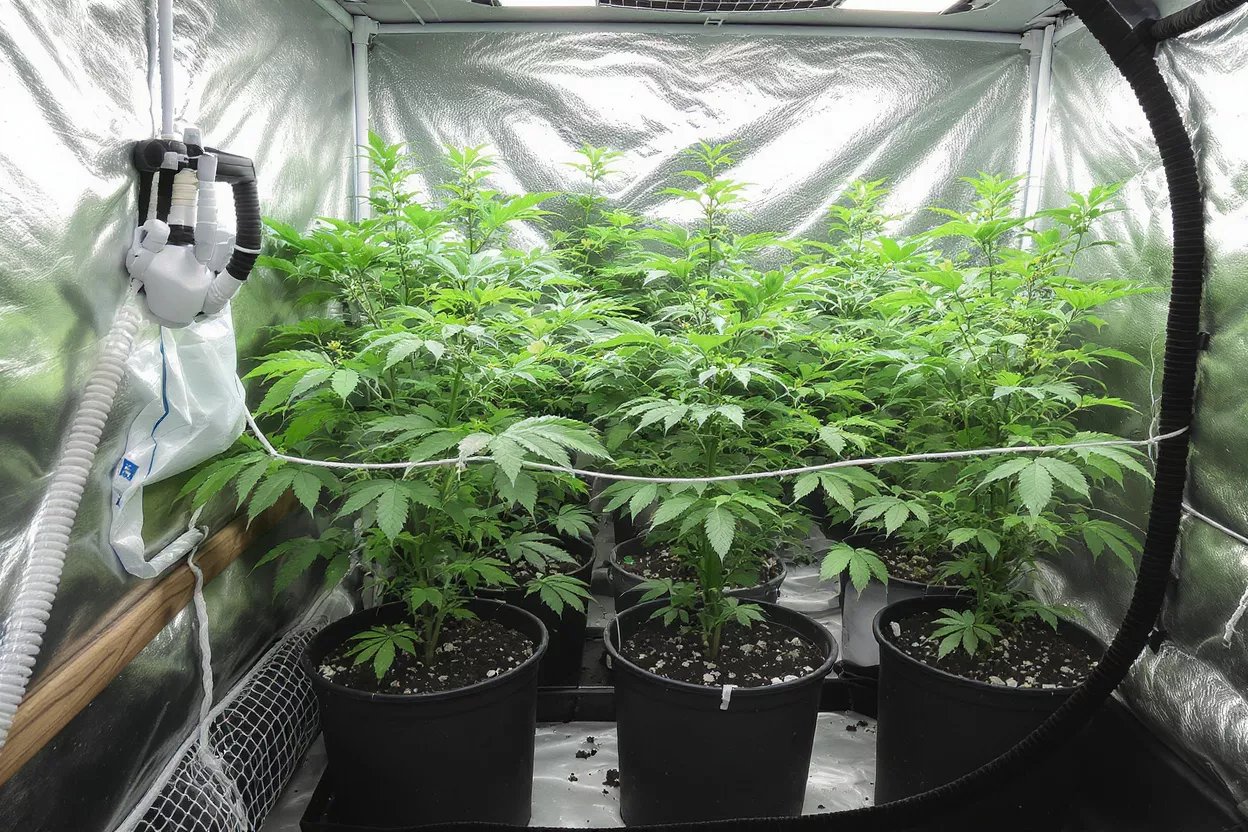 Lush green cannabis plants thriving inside a reflective grow tent with ventilation.