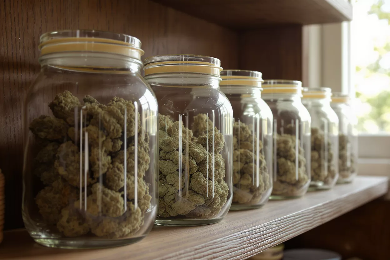 Several glass jars filled with cannabis buds lined up on a wooden shelf.
