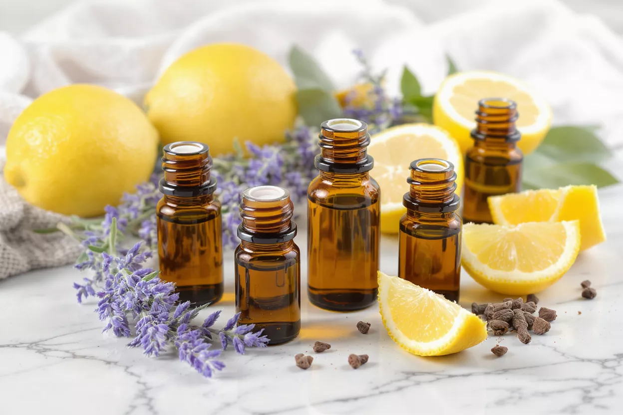 Four amber essential oil bottles with lemons, lavender, and lemon slices on marble.