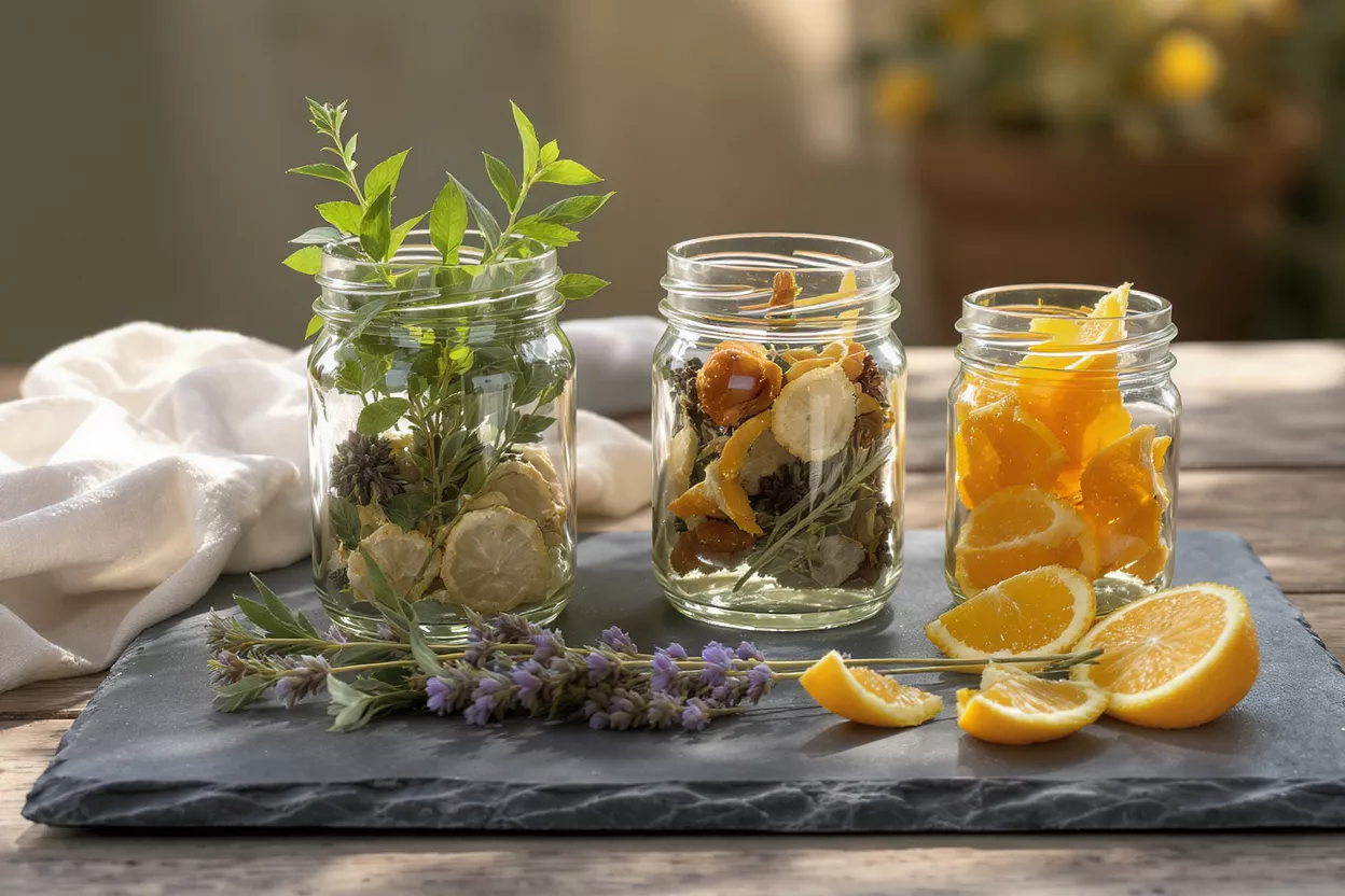 Three glass jars filled with dried botanicals, citrus peels, and fresh herbs.