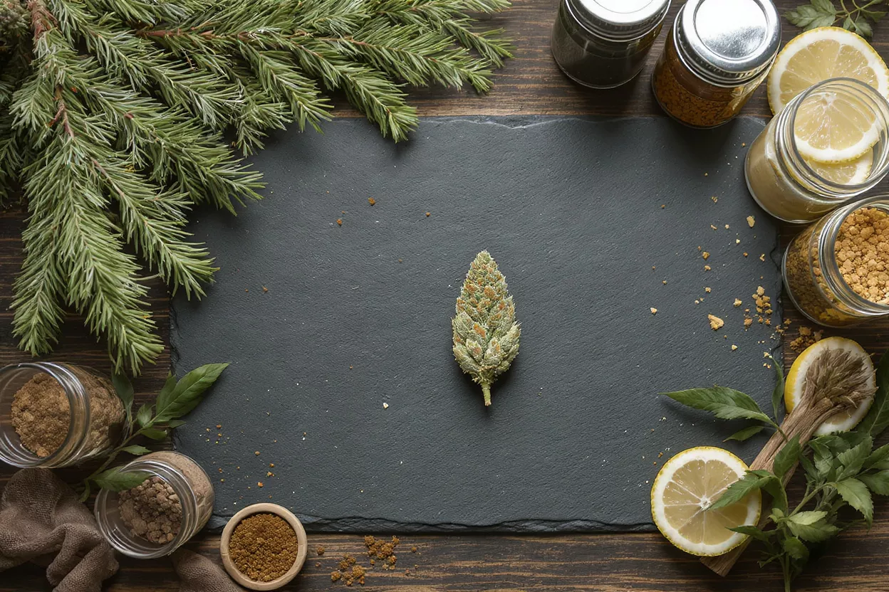 Cannabis bud centered on a slate with lemons, spices, and pine branches.