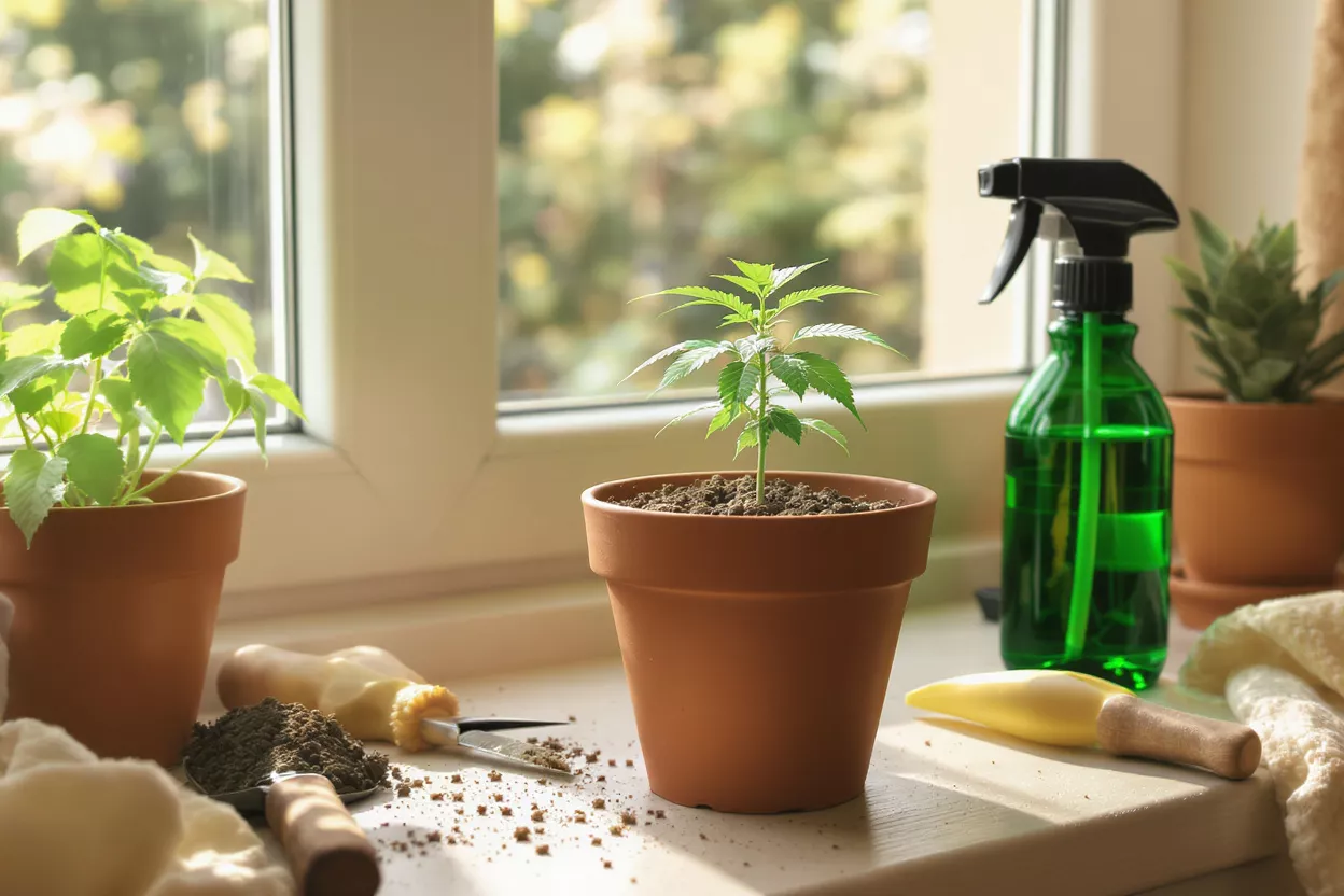 Small cannabis plant seedling in terra cotta pot on windowsill with gardening tools.