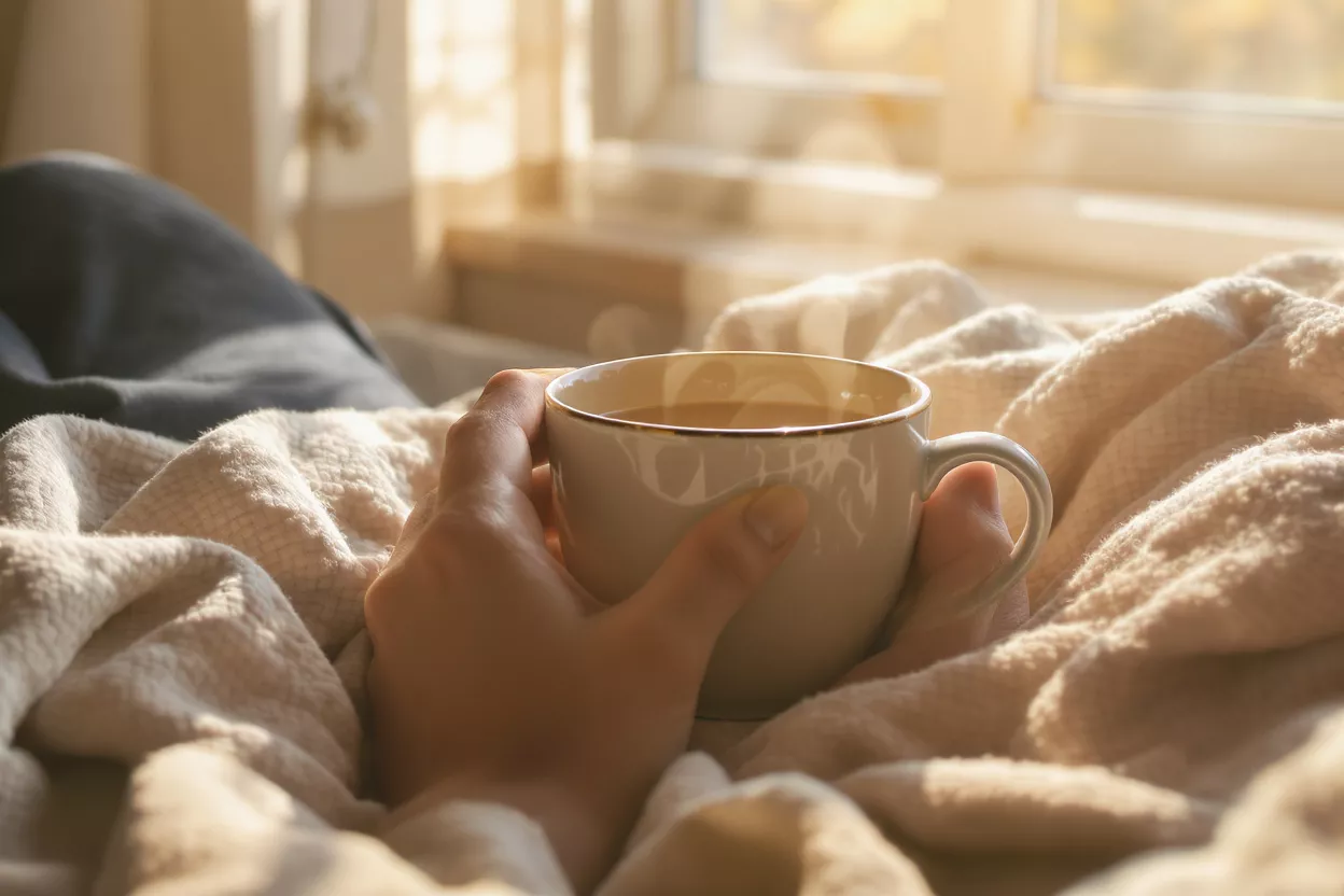A hand holding a warm mug of coffee in a cozy bed with sunlight.