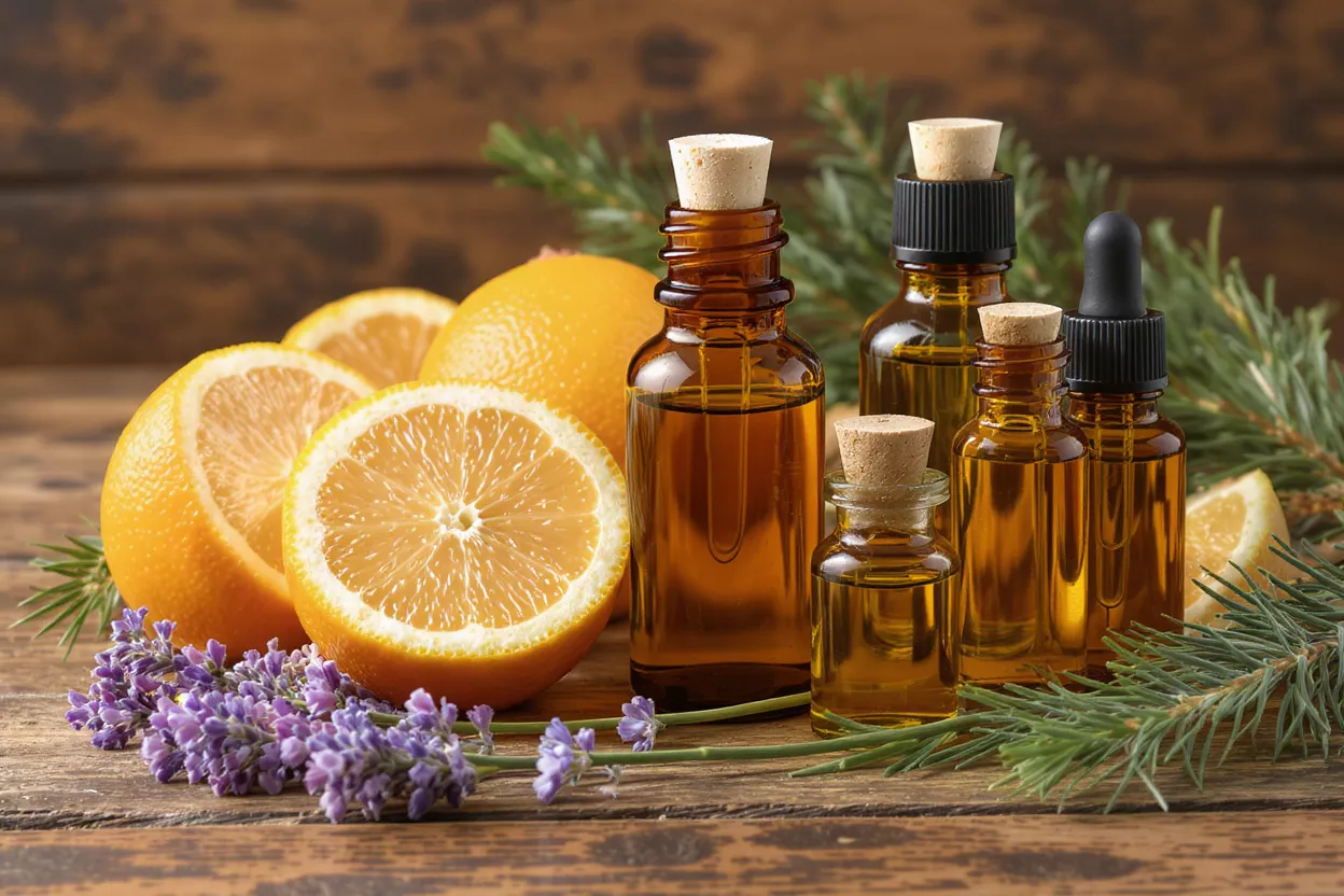 Amber bottles of essential oils with oranges, lavender, and pine sprigs on wood.
