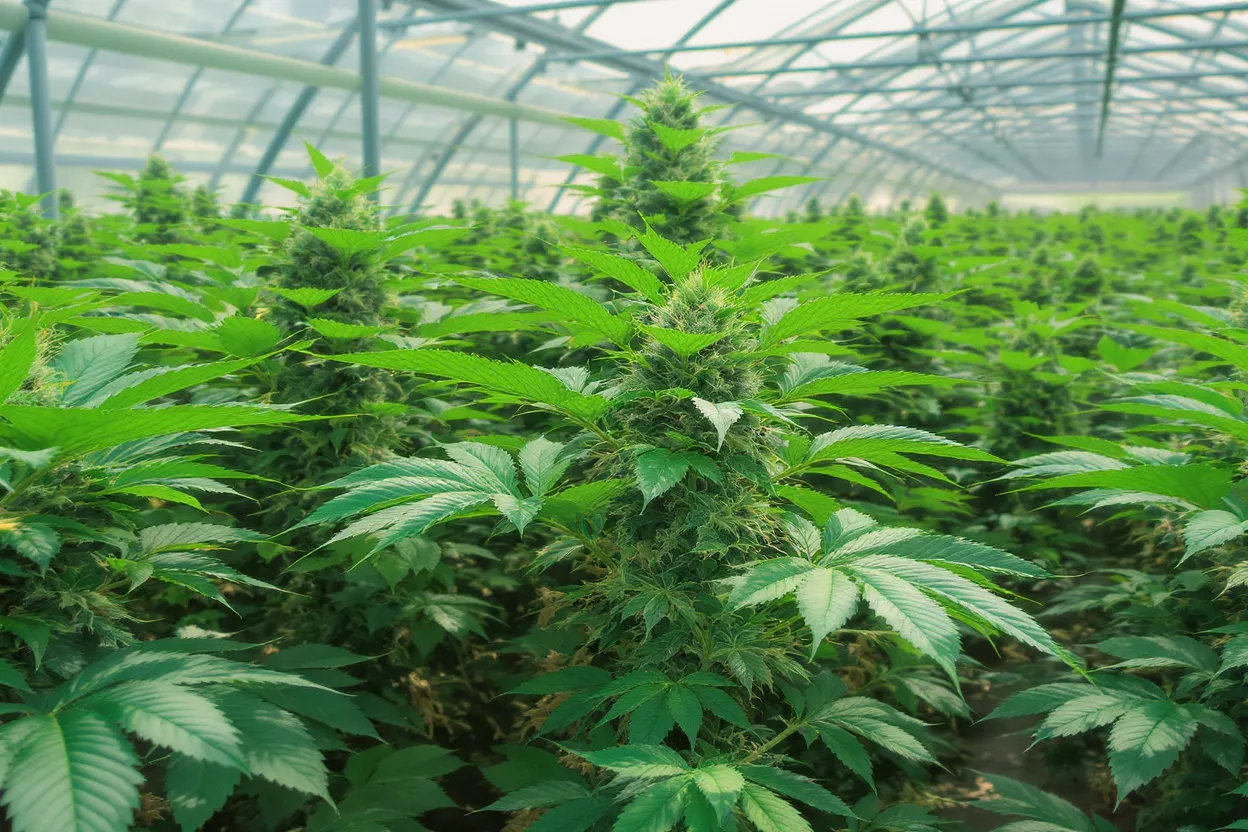 Lush green cannabis plants with visible buds growing in a large greenhouse.