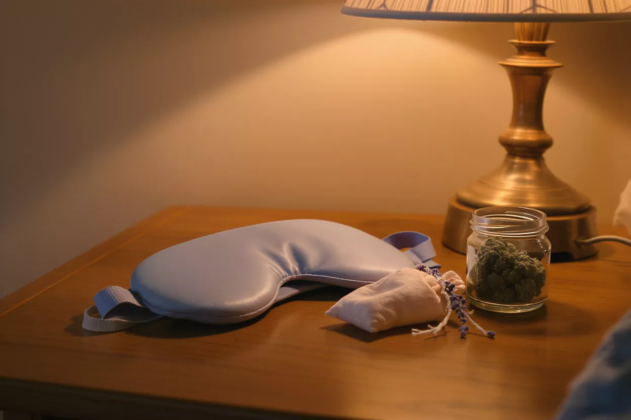 Sleep mask, lavender sachet, and cannabis jar on a wooden bedside table.