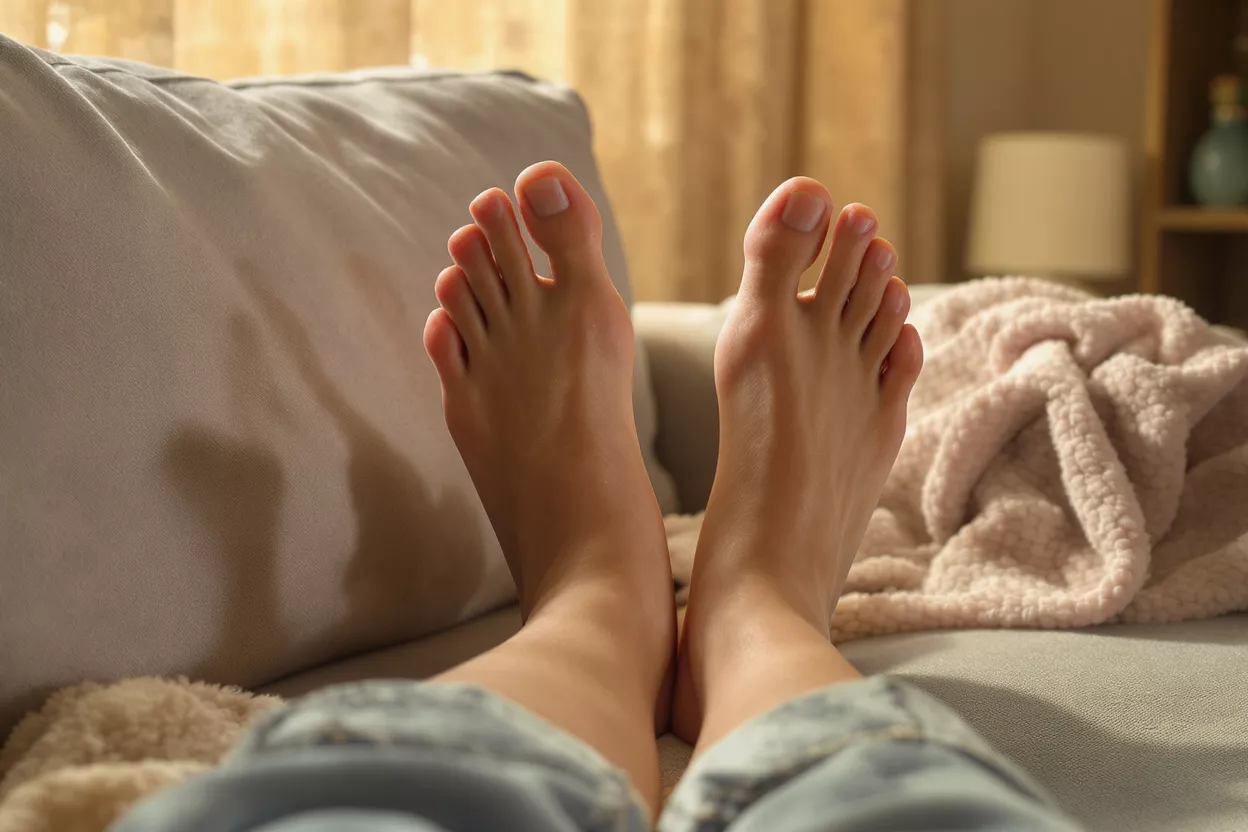 Bare feet resting on a light-colored couch with a cozy blanket nearby.
