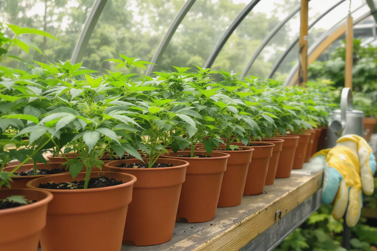 Row of vibrant green seedlings in brown pots inside a greenhouse.