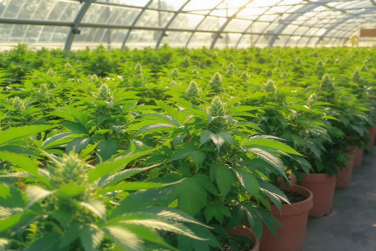 Rows of vibrant green cannabis plants with developing buds in a sunlit greenhouse.