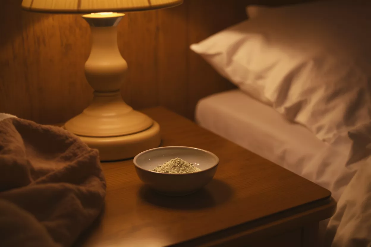 A small bowl with light green contents on a wooden nightstand next to a bed.