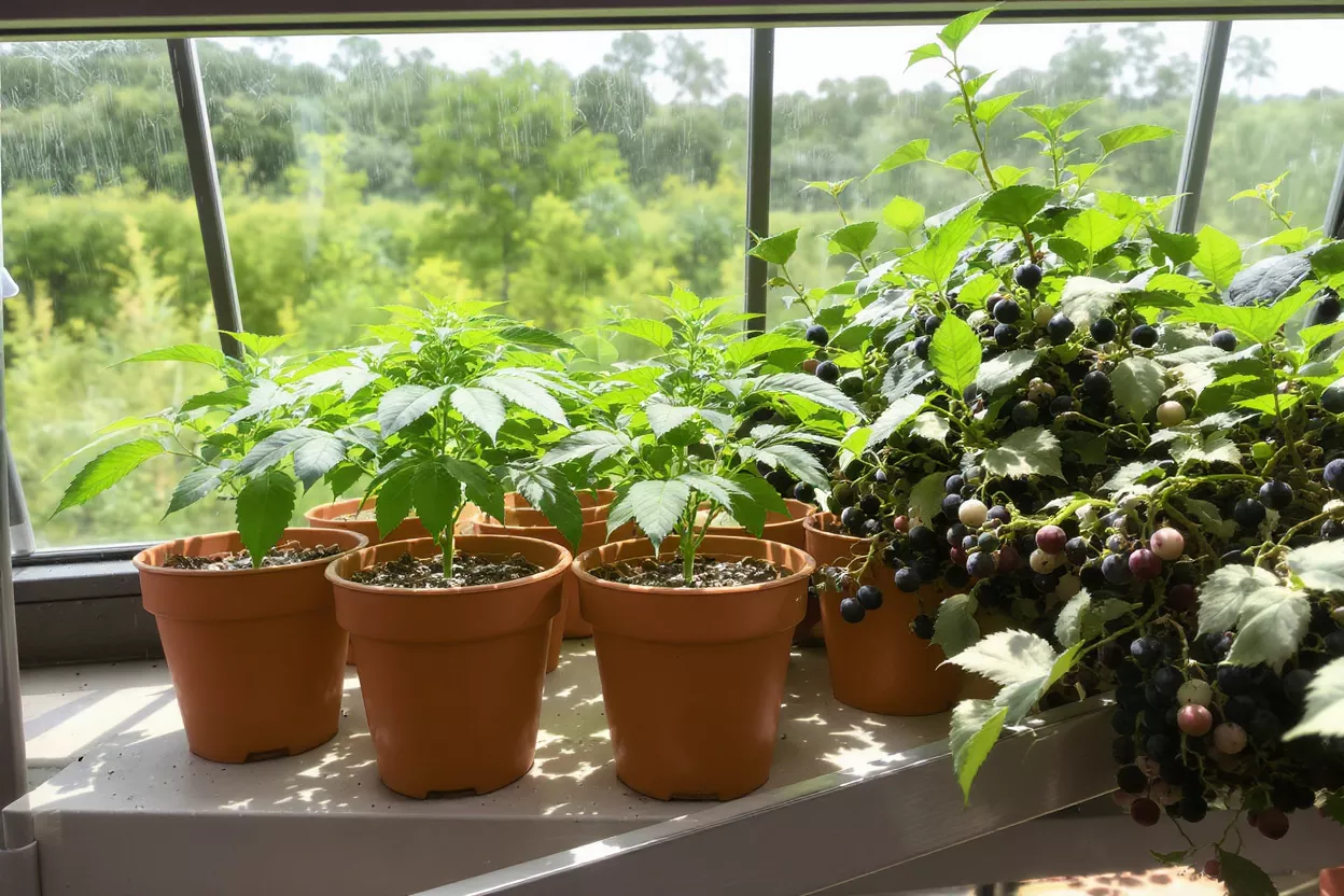 Small green plants in terracotta pots next to a fruiting vine by a window.