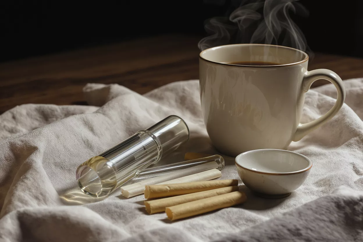 Steaming coffee mug, glass tube, small bowl, and rolled items on a linen cloth.