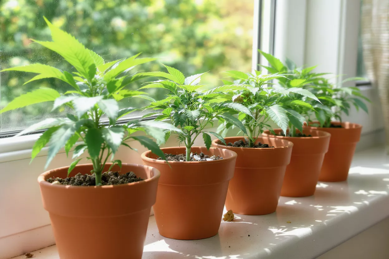 Cinco pequeñas plantas de cannabis en macetas de terracota sobre un alféizar de ventana soleado.