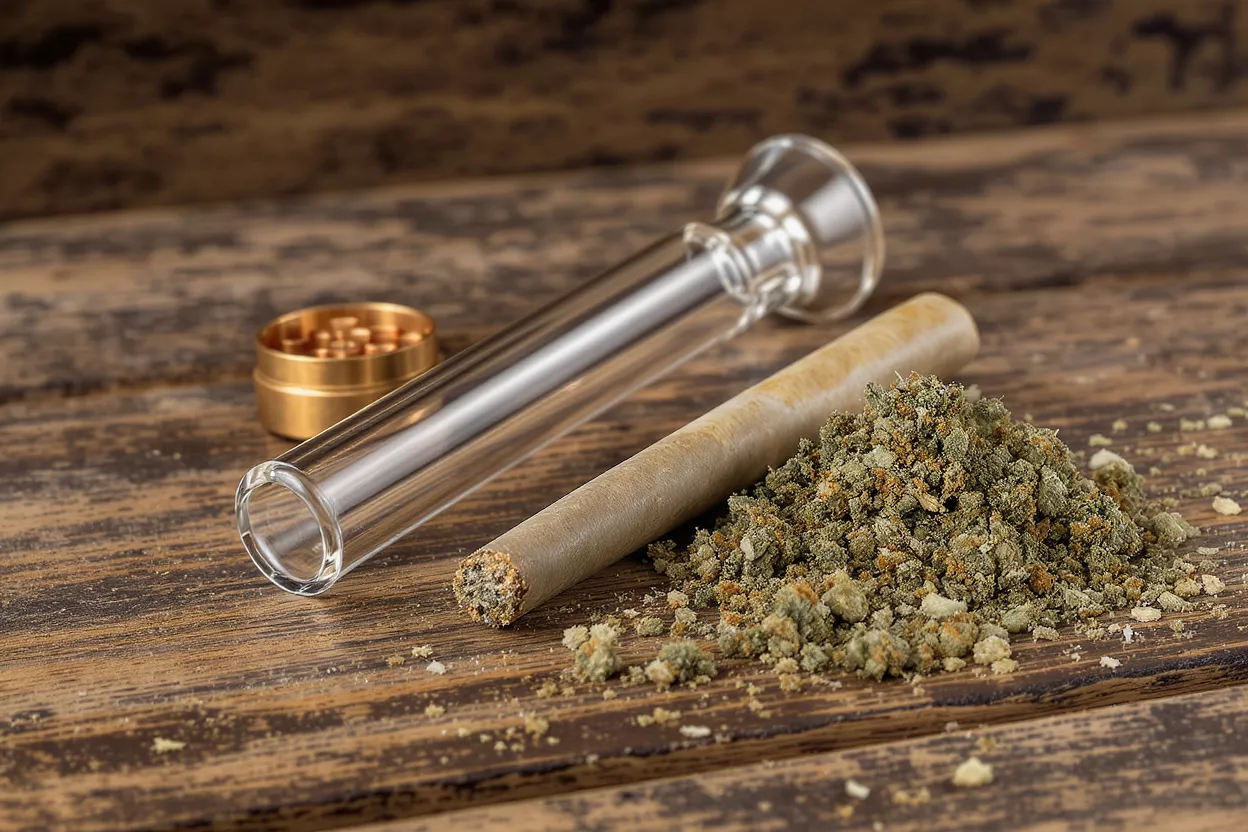 Cannabis flower, pre-roll, glass pipe, and grinder on a rustic wooden surface.