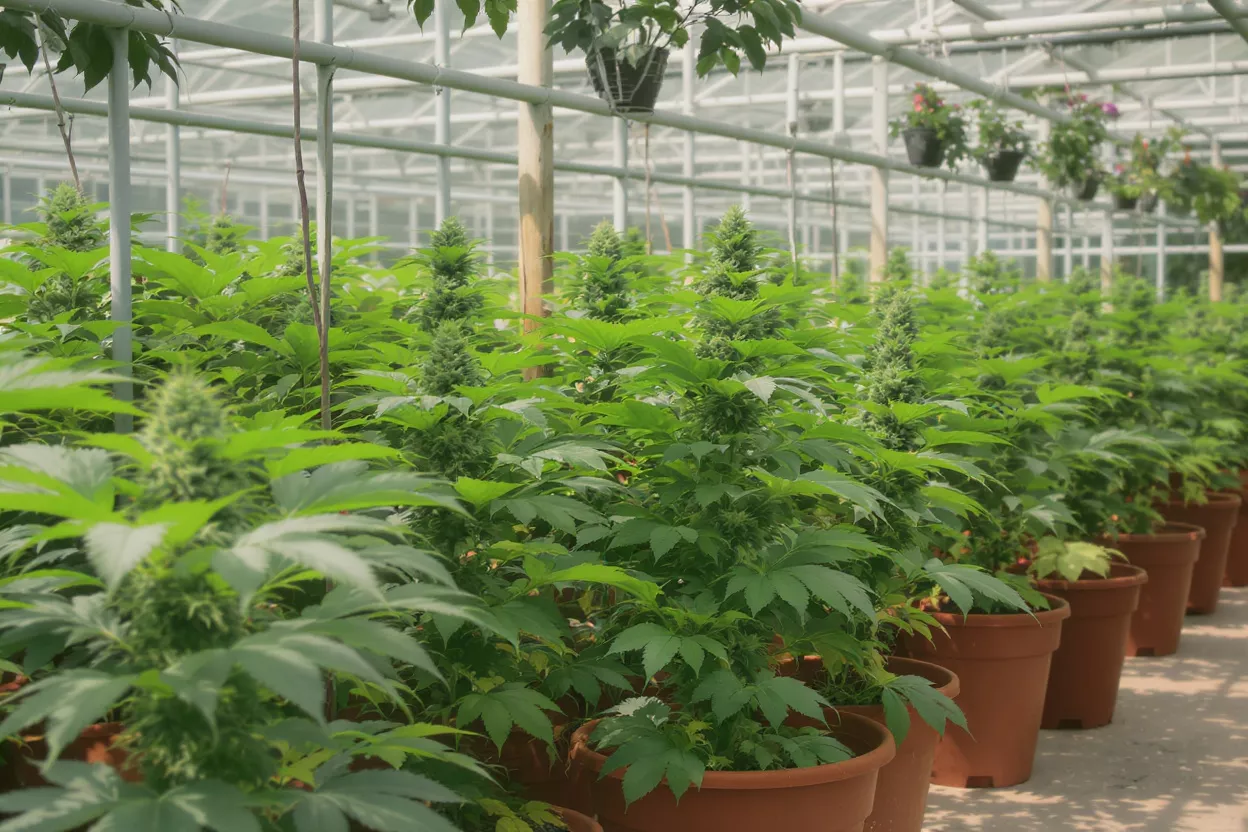 Plantes de cannabis en serre Rangées de plants de cannabis vert vif poussant dans une serre lumineuse.