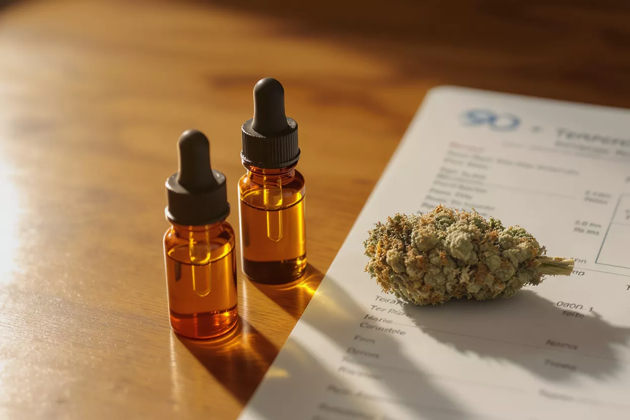 Two CBD oil bottles, cannabis bud, and a lab report on a wooden table.