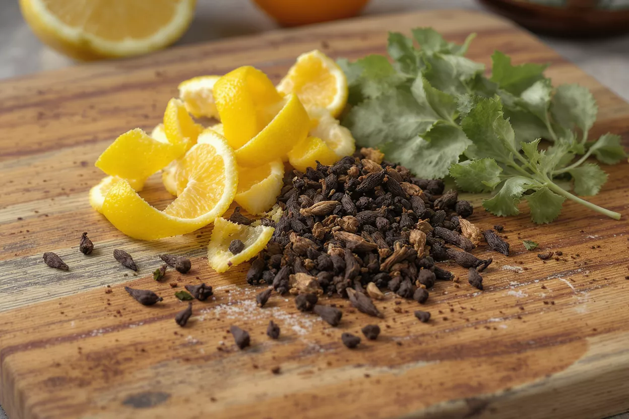 Lemon peels, dark spices, and fresh herbs on a wooden cutting board.