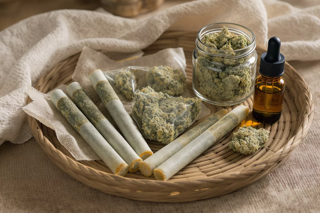 A woven basket holds cannabis pre-rolls, flower, and oil on a light fabric.