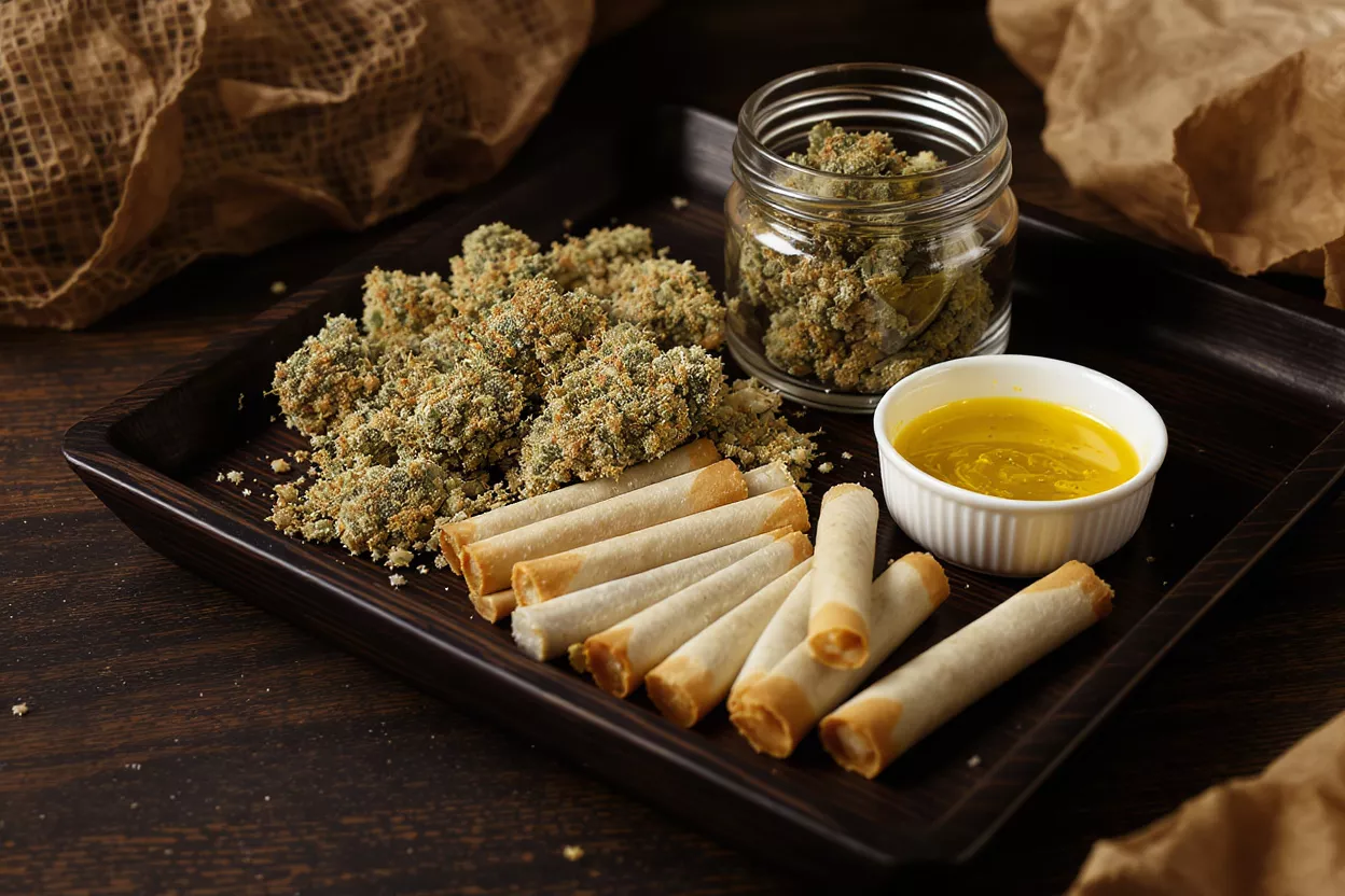 Cannabis buds, a jar of cannabis, wafer rolls, and cannabis oil on a tray.