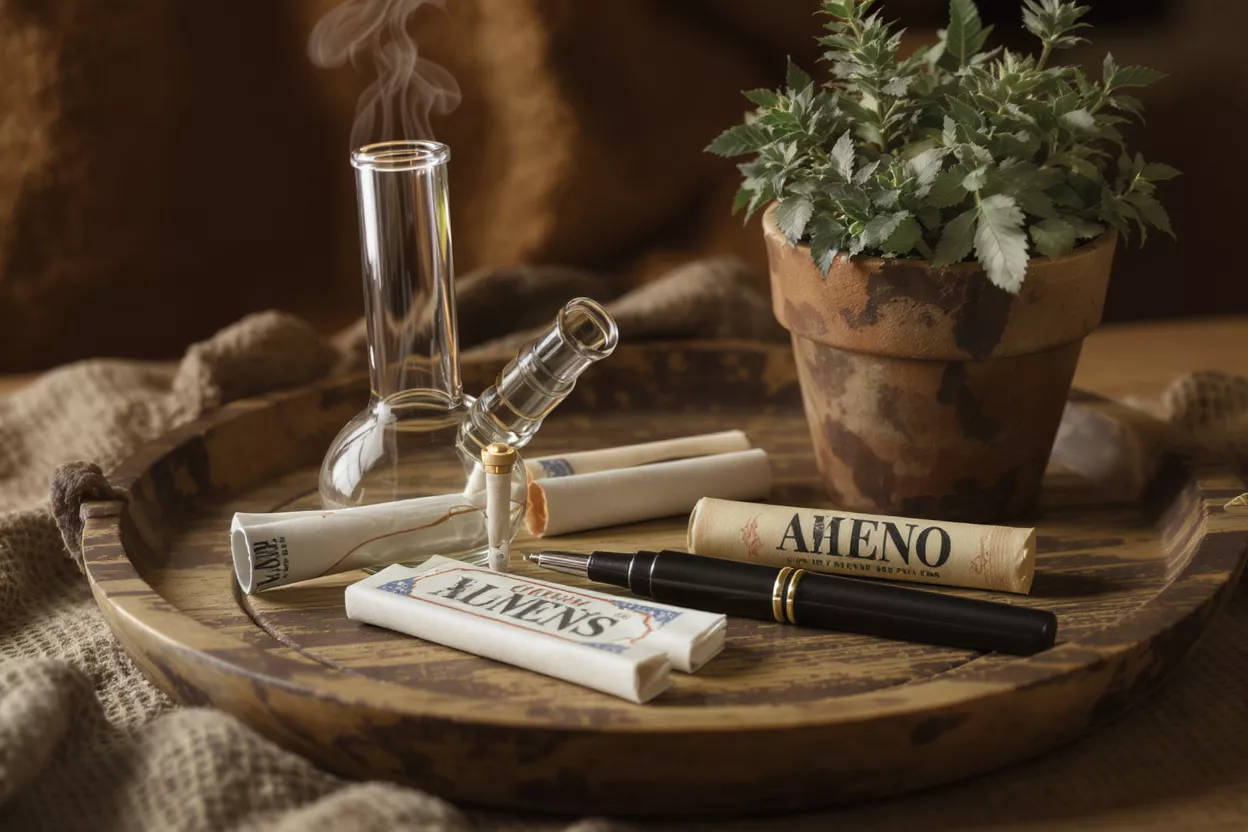 Glass bong, plant, and smoking accessories on a rustic wooden tray.
