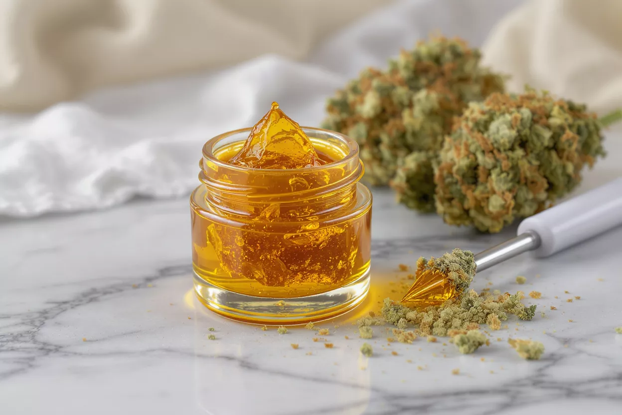 Golden cannabis shatter in a jar with a dab tool and cannabis buds.