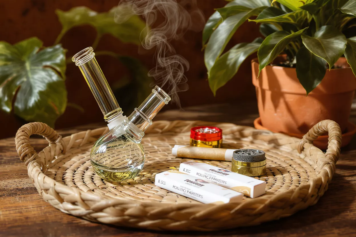 Un bong de vidrio transparente con humo, papeles de liar y un grinder en una bandeja de mimbre.