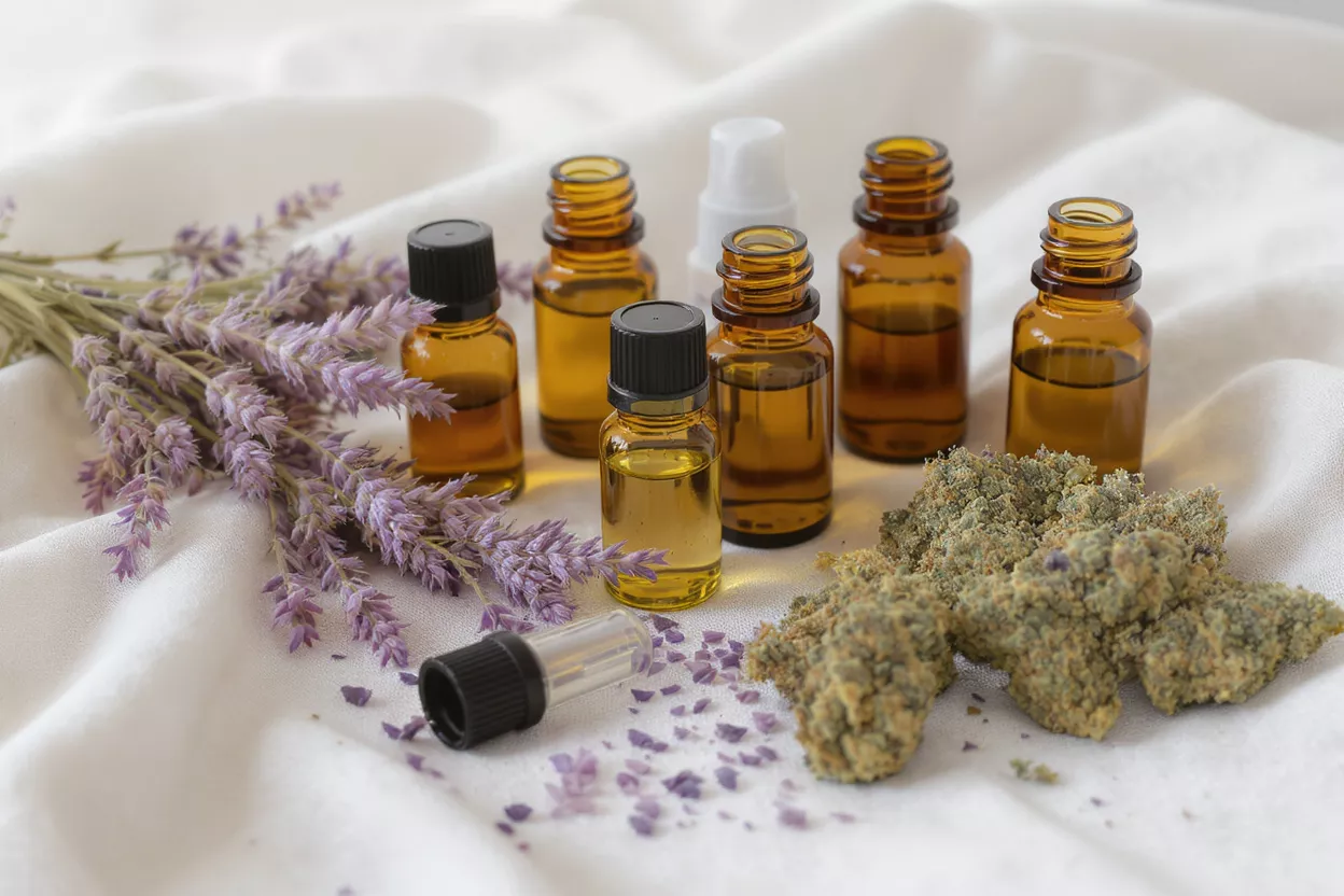 Amber bottles of CBD oil, dried lavender, and cannabis buds on white fabric.
