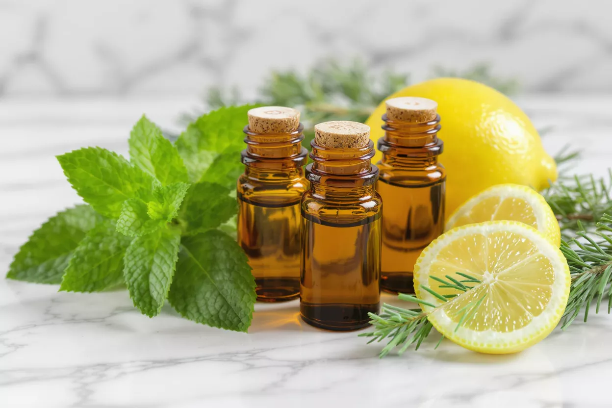 Huile de CBD et bourgeons de cannabis Trois flacons compte-gouttes ambrés avec huile de CBD et bourgeons de cannabis séchés sur fond blanc.