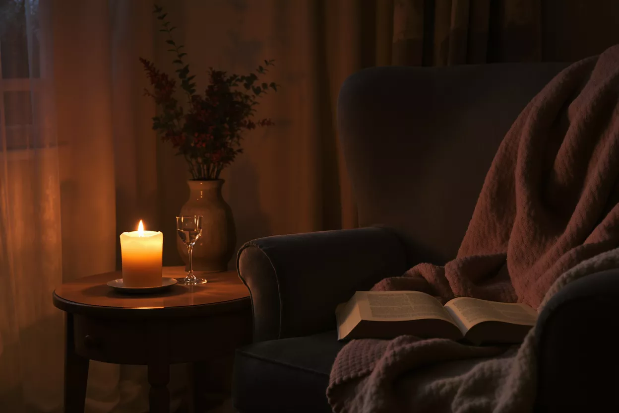 A lit candle, a book, and a blanket create a cozy evening scene.