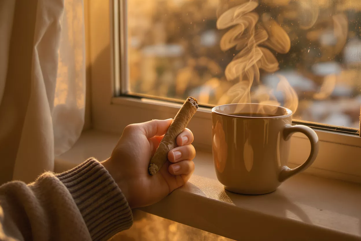 Hand holding a wafer cookie next to a steaming coffee mug on a windowsill.