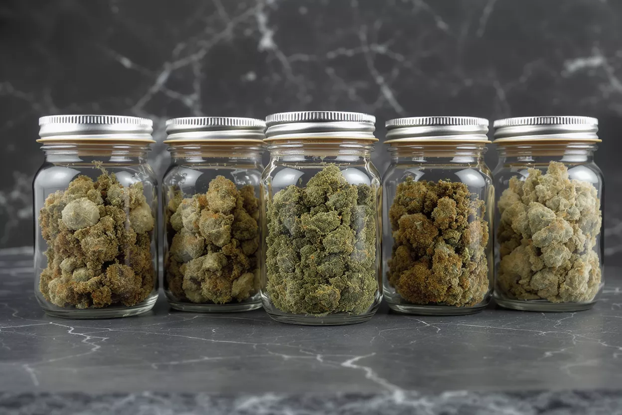 Five glass jars filled with different strains of cannabis buds on a dark marble surface.