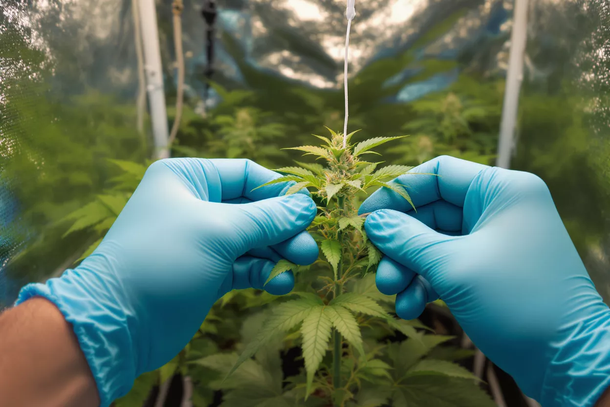 Hands in blue gloves inspecting a cannabis plant in a grow tent.
