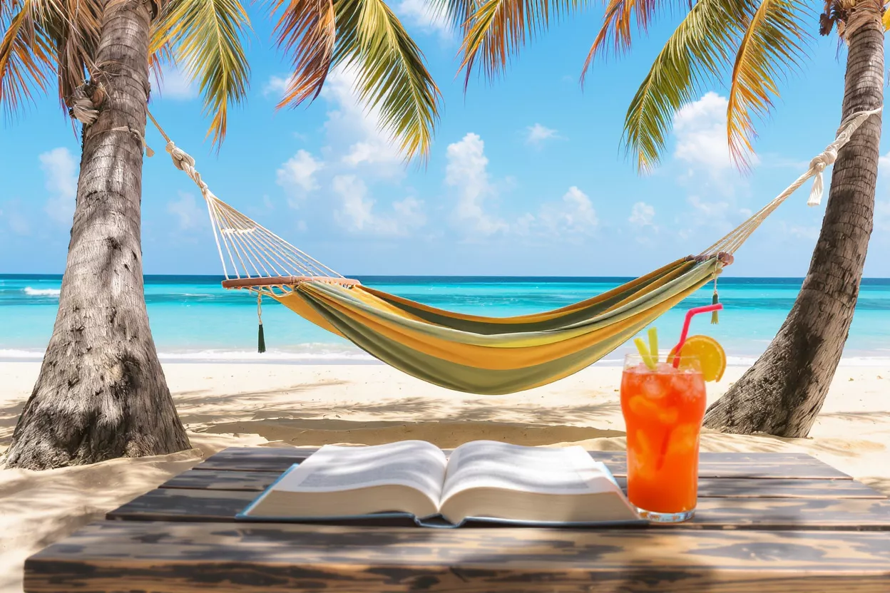 A colorful hammock between palm trees on a white sand beach with turquoise ocean.