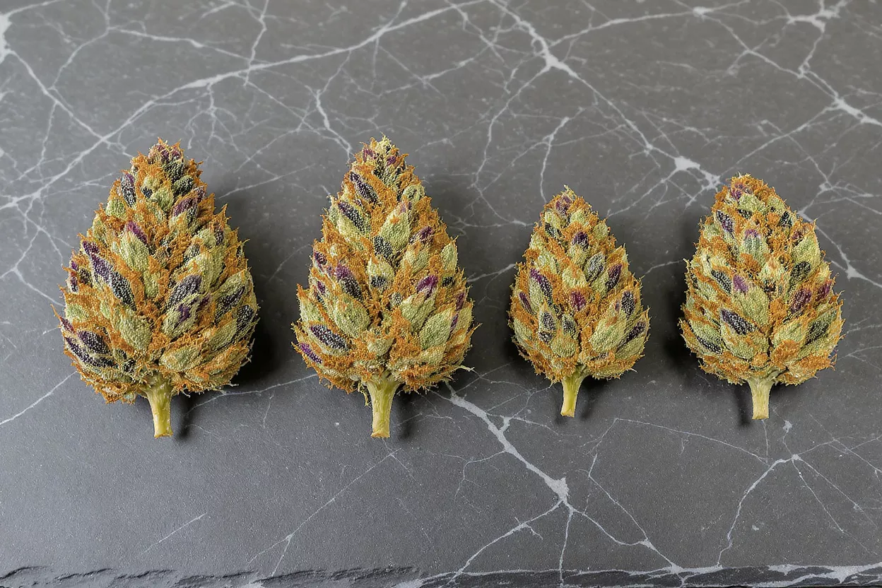 Four vibrant cannabis buds with orange hairs and purple accents on a marble surface.