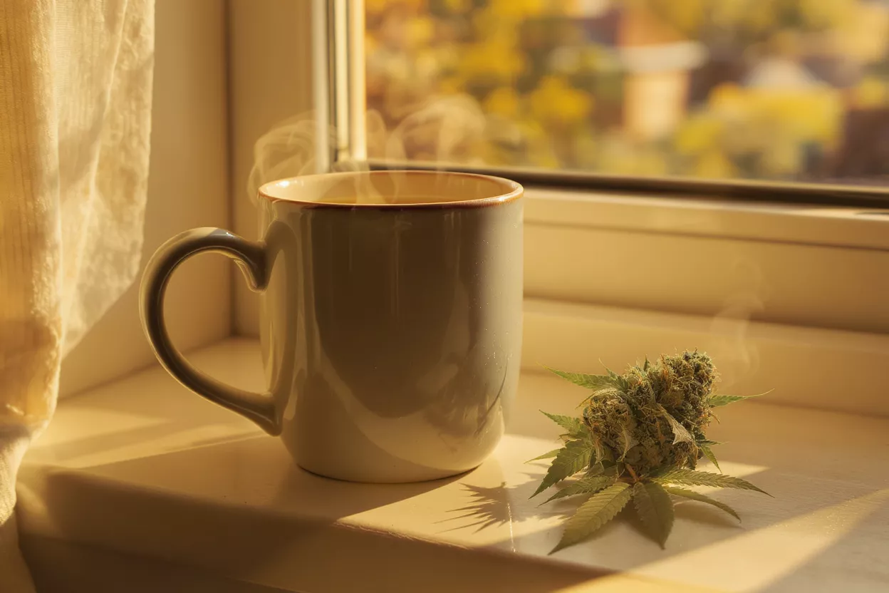 Steaming coffee mug and cannabis bud on a sunlit windowsill with autumn background.