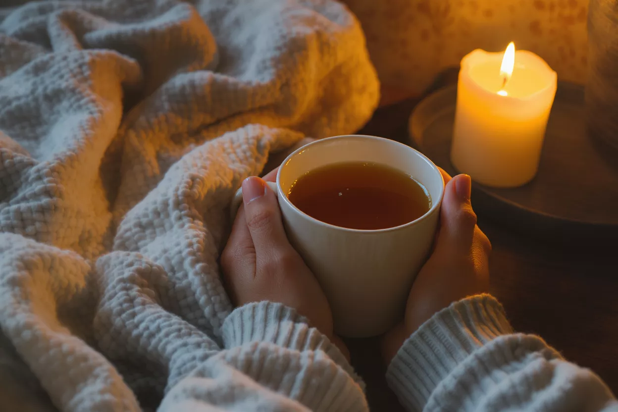Hands holding a warm cup of tea, surrounded by a cozy blanket and candlelight.