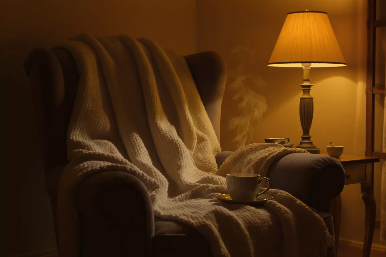 A cozy armchair with a blanket, warm lamp, and steaming cup of tea.