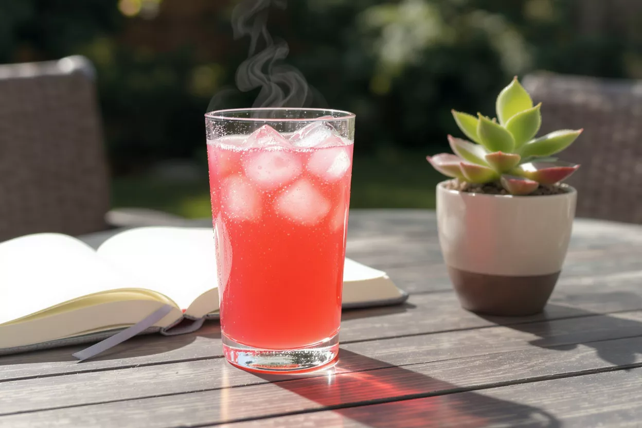 A glass of iced pink drink with steam, an open book, and a succulent.