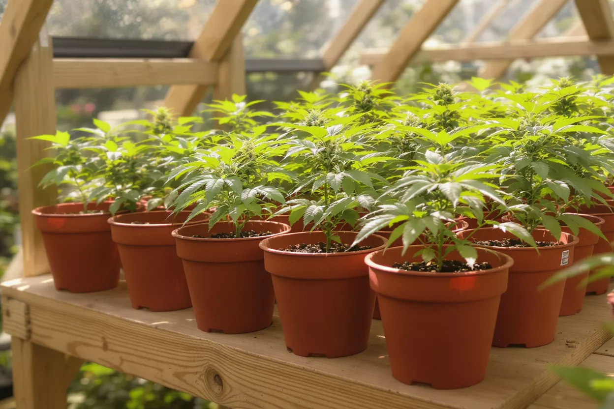 Rows of young cannabis plants in brown pots inside a sunlit greenhouse.