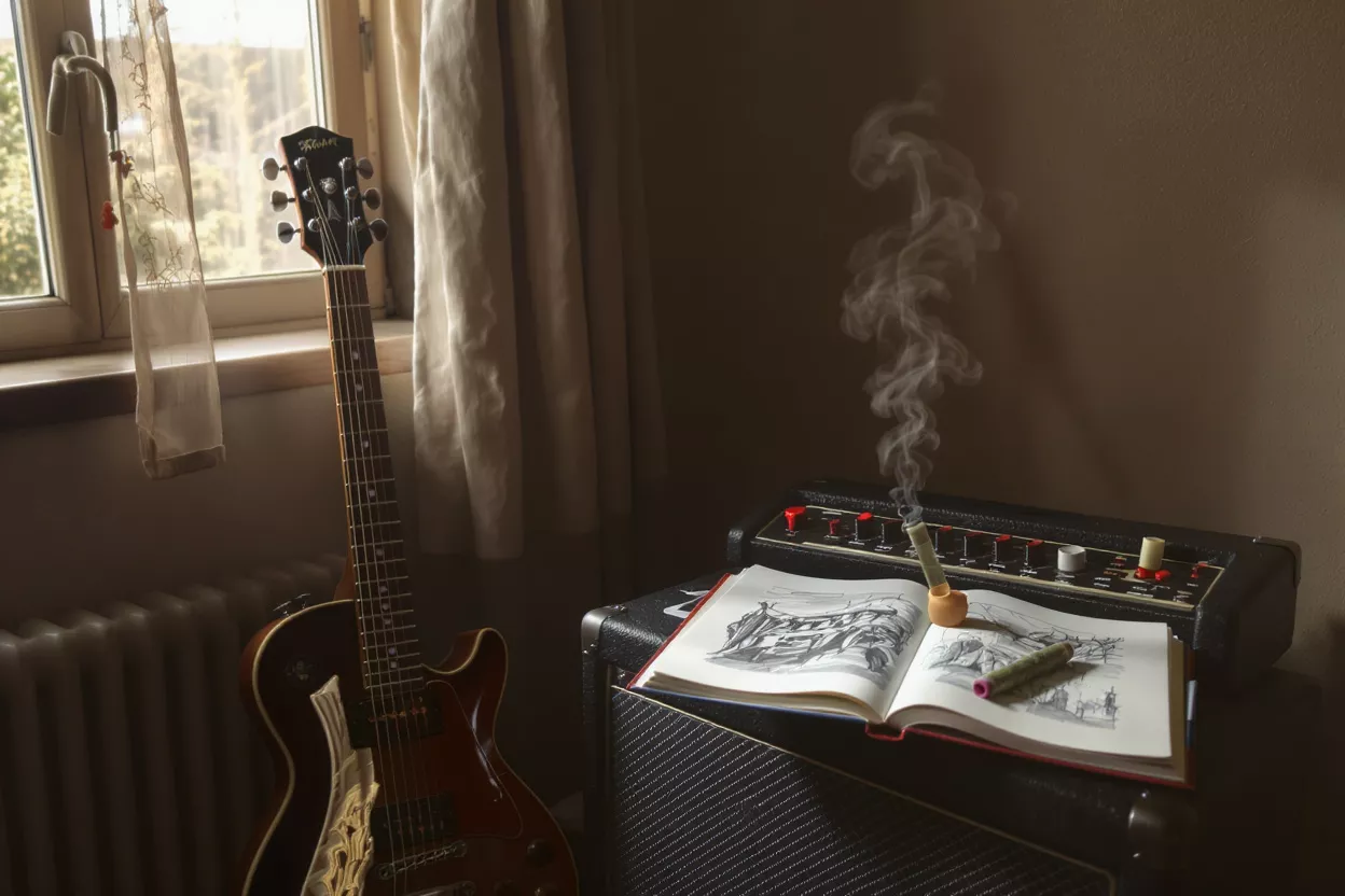Guitar, amplifier, sketchbook, and smoking pipe creating a cozy, artistic atmosphere.