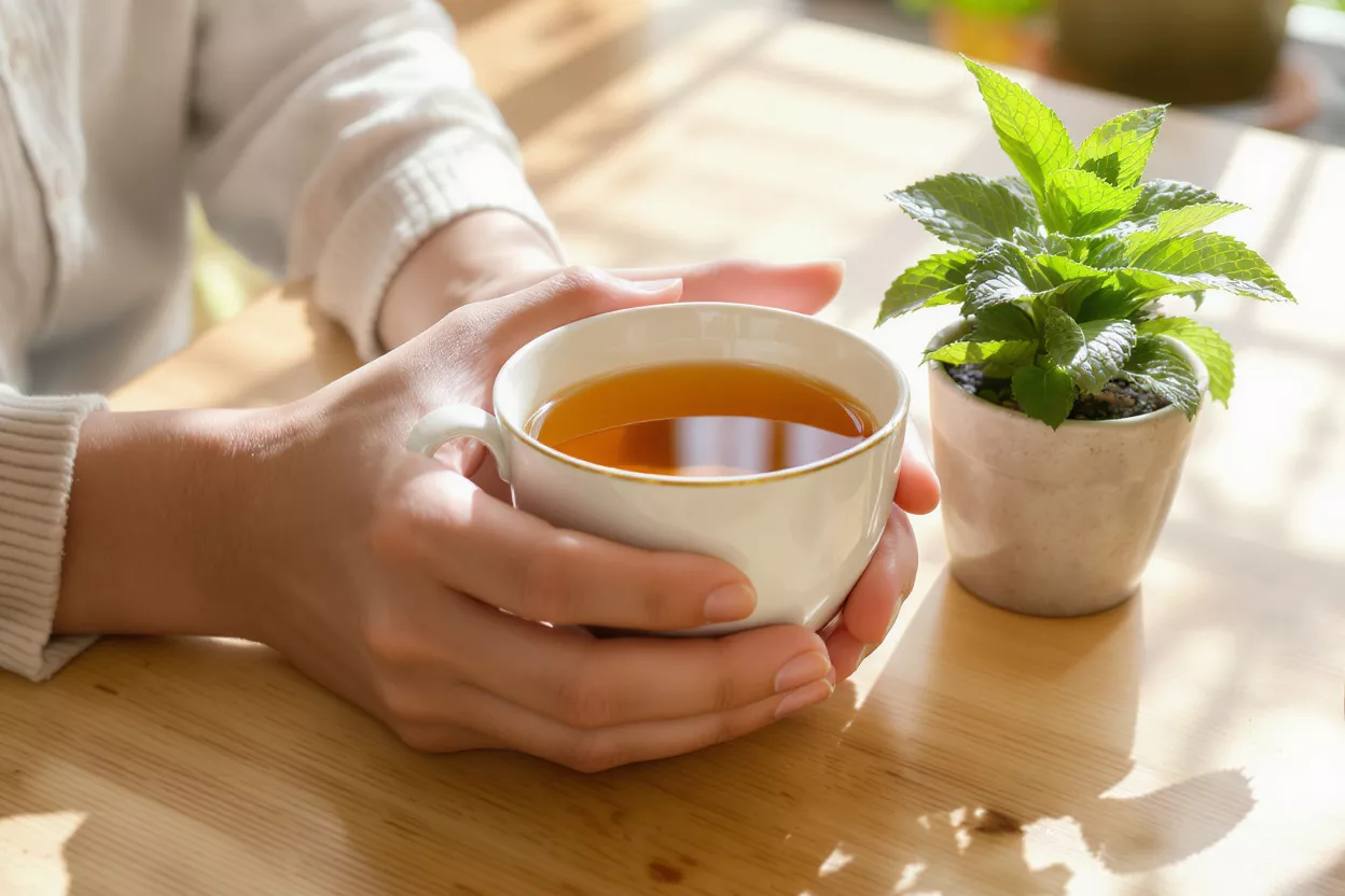 Hands holding a white teacup filled with amber tea, beside a small potted mint plant.