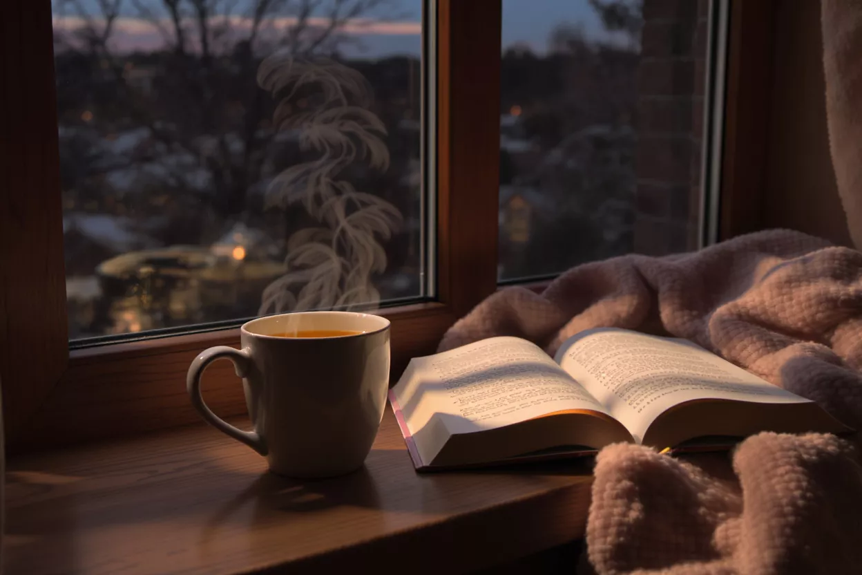 Steaming mug of tea, open book, and pink blanket on a windowsill at dusk.