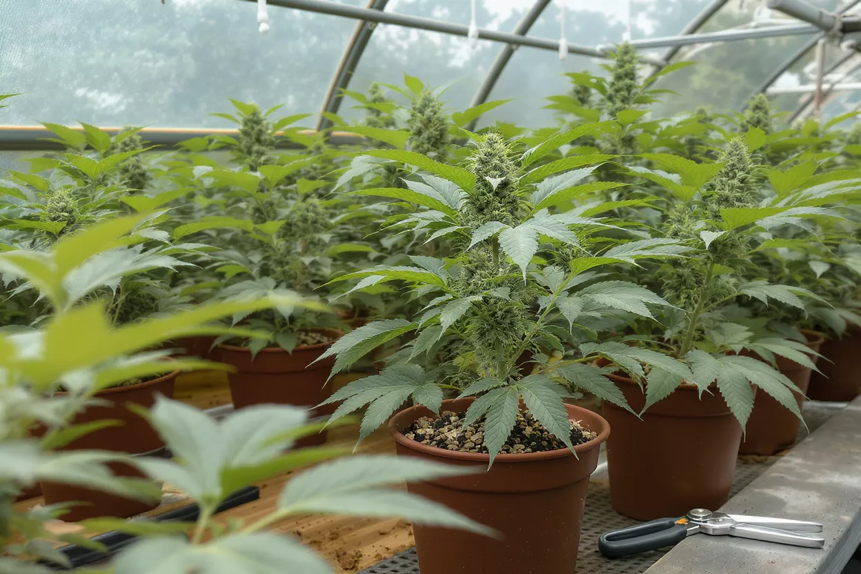 Hileras de plantas de cannabis sanas con cogollos creciendo en un invernadero.