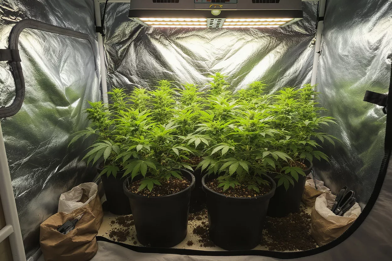 Several cannabis plants in black pots under LED grow light in reflective tent.