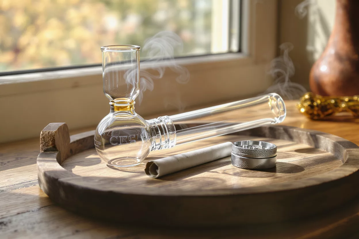 Glass pipe, grinder, and pre-roll on a wooden tray by a sunlit window.