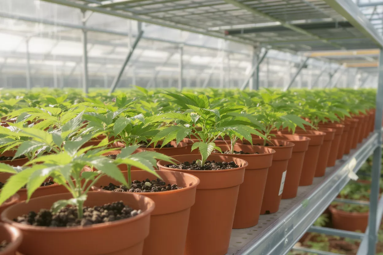 Rows of young cannabis plants in brown pots inside a bright greenhouse.