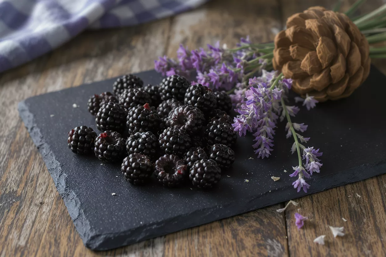 Fresh blackberries, lavender sprigs, and a pinecone on a dark slate board.