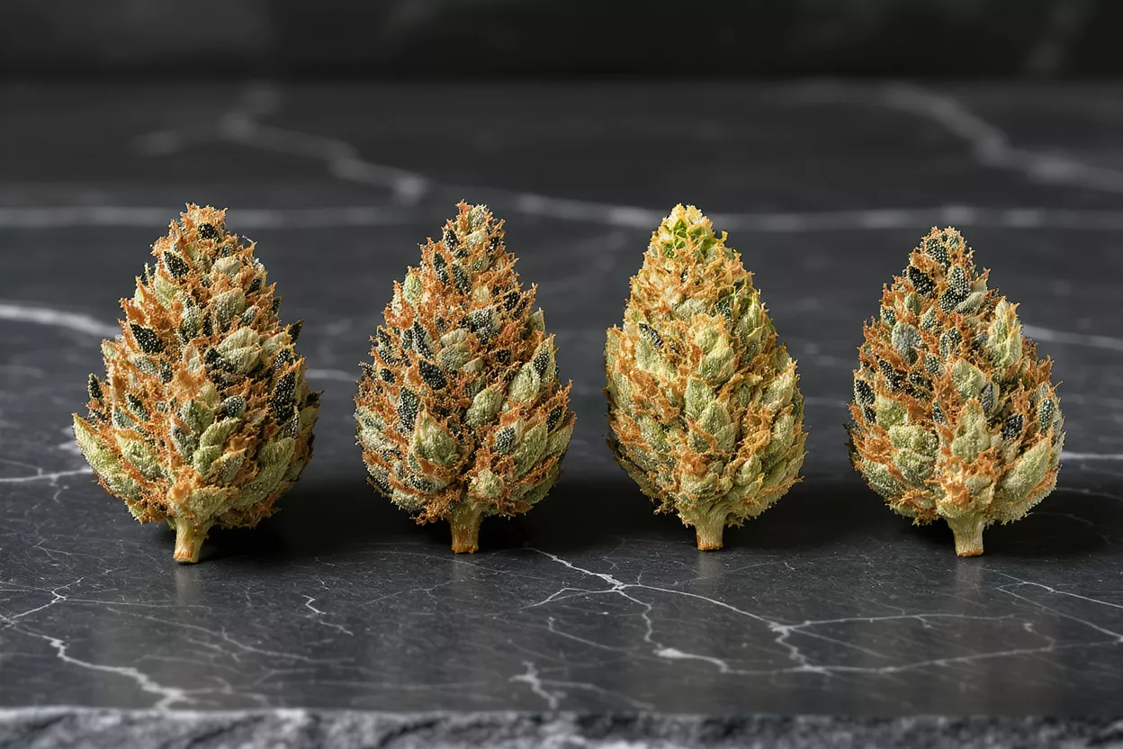 Four cannabis buds with orange hairs and green leaves on a dark marble surface.