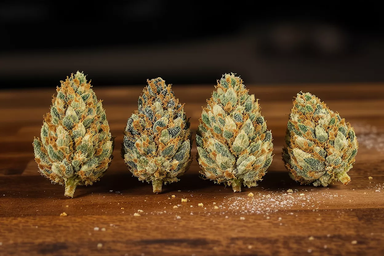 Four cannabis buds with orange hairs and trichomes on a wooden surface.