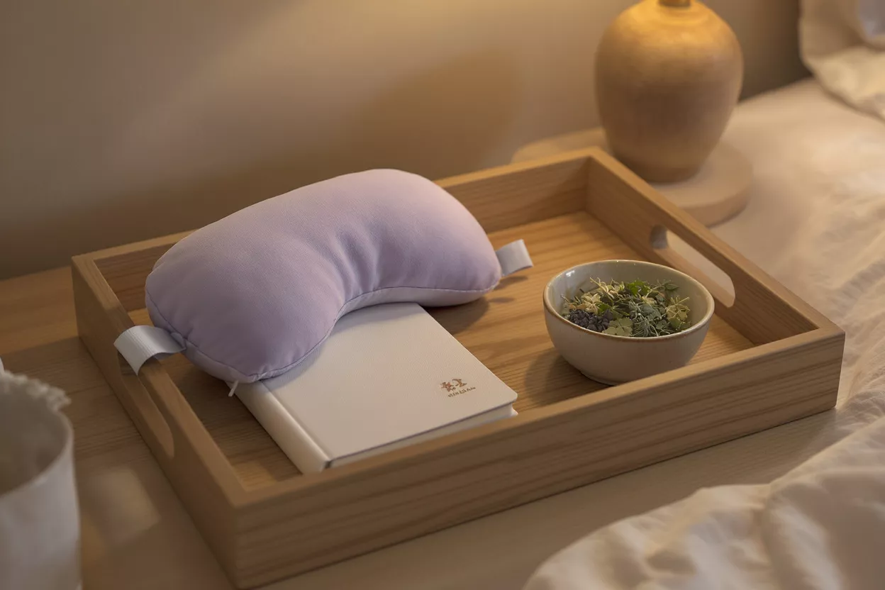 A wooden tray on a bedside table with a pillow, notebook, and bowl of herbs.